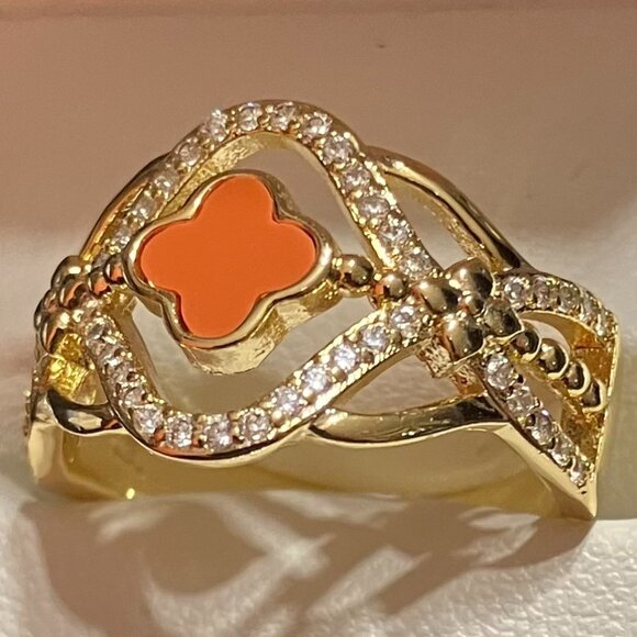 Stella Rose Fine Gold Plated Ring Size 7 Coral Clover Motif and CZ Accents - Picture 1 of 9